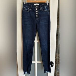 KanCan high rise, dark wash button front, ankle skinny jeans, size 26